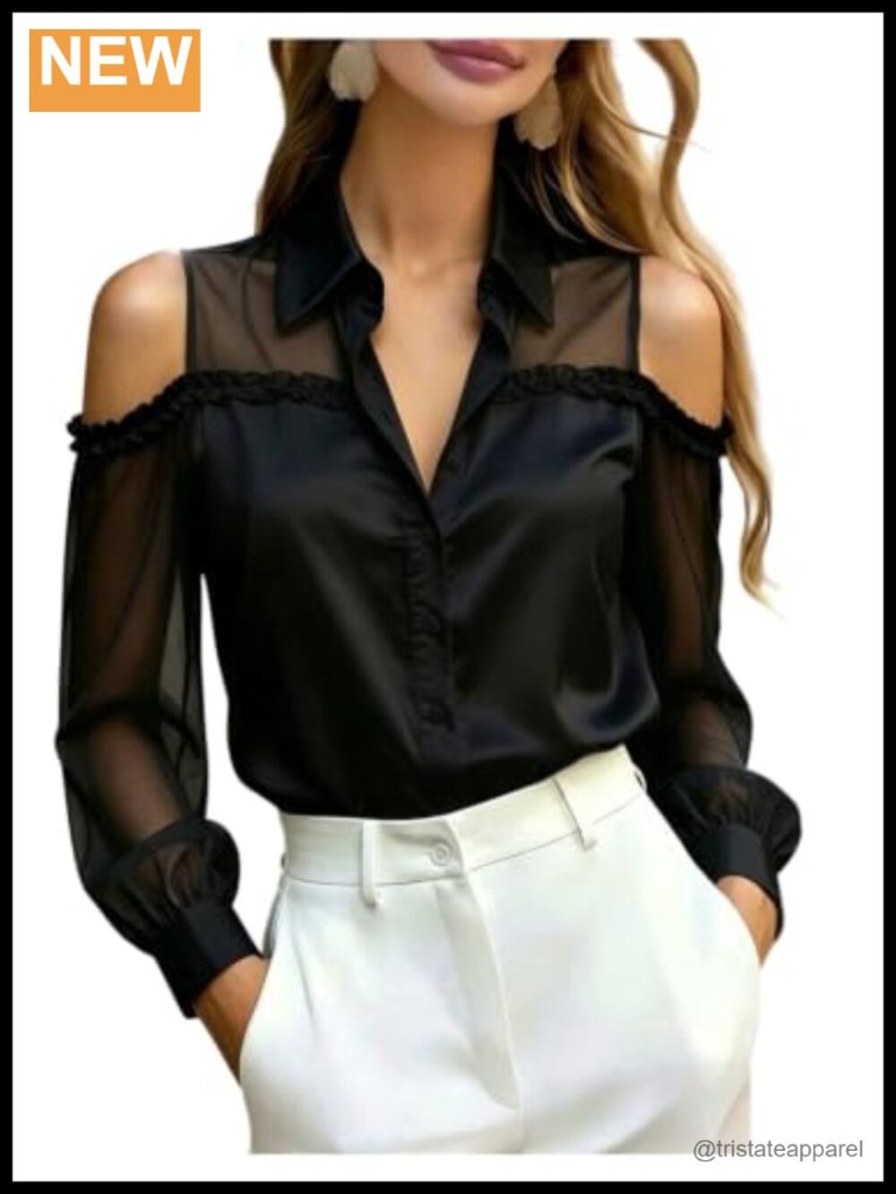 Women's Sheer Cold Shoulder Long Sleeve Button Down Blouse Dressy Work Top